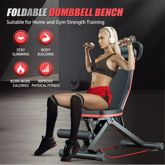 Banc de musculation pliable 14 en 1 avec haltères, pré-assemblé et multifonctionnel, charge maximale de 454 kg (1000 lb), 6 niveaux de poids réglables pour un entraînement complet du corps.